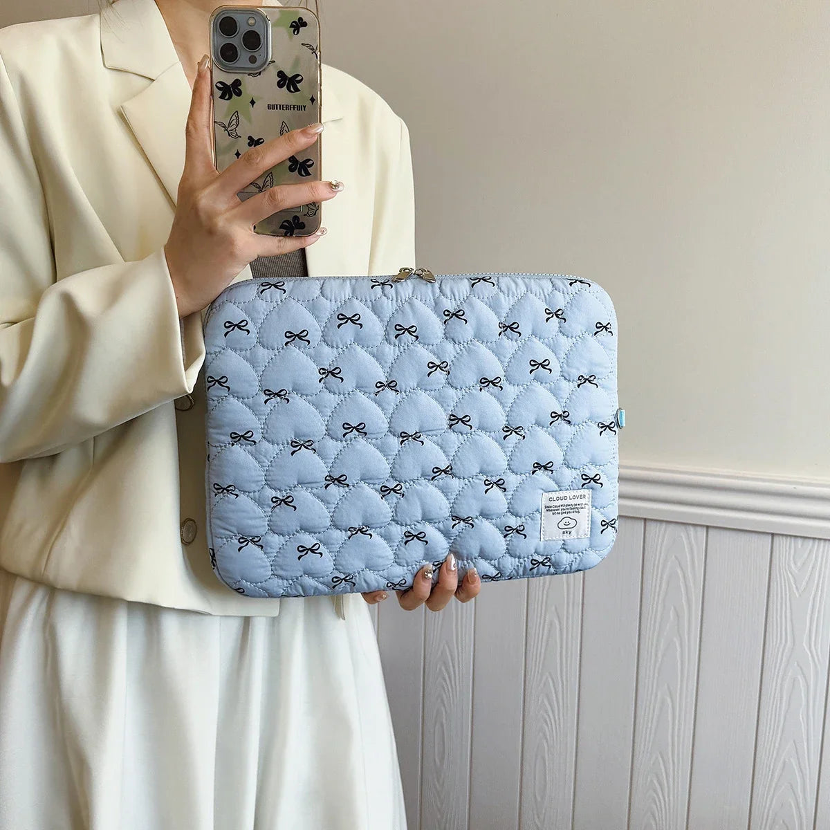 Bow Print Heart-Shaped Quilting Laptop Bag 11 Inch14 Inch15 Inch Scratch-Resistant Computer Daily
