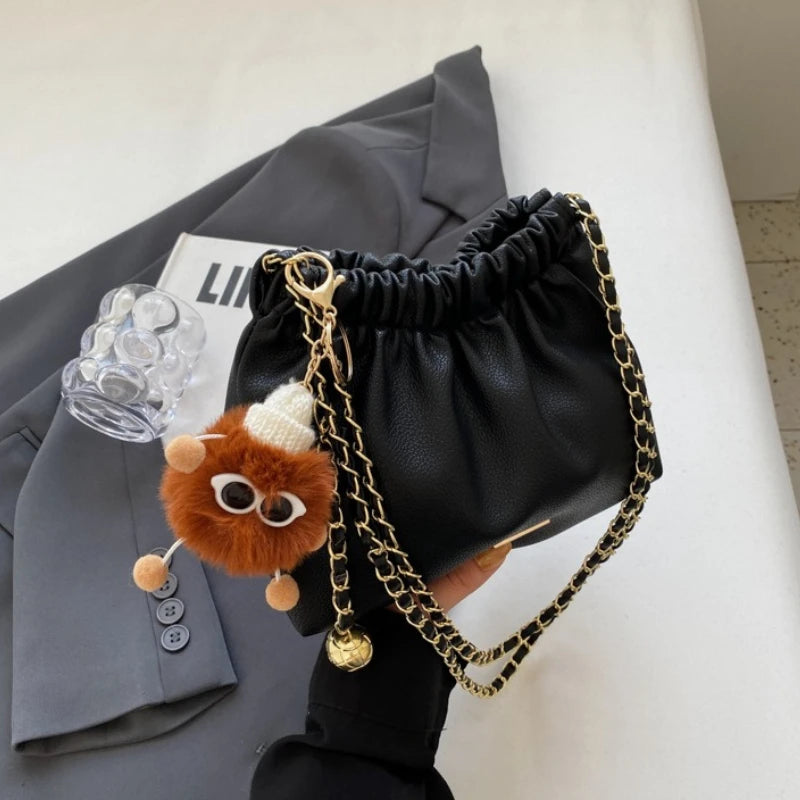 Ruched Woman Crossbody Bags Cute Fluffy Monster Bag Charm Two Tone Metal Chain Strap Faux Leather