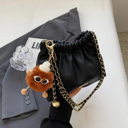 Ruched Woman Crossbody Bags Cute Fluffy Monster Bag Charm Two Tone Metal Chain Strap Faux Leather