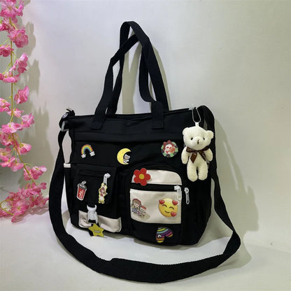 Waterproof Oxford Cloth Handbag Splicing Crossbody Bag Badge Pendant Women Shoulder Student School