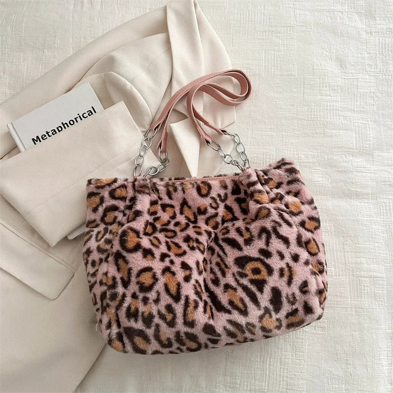 Leopard Print Plush Tote Bag – Soft Fuzzy Shoulder Handbag