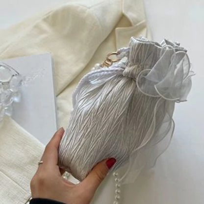 Canvas Crossbody Bag with Bowknot & Faux Pearl Chain