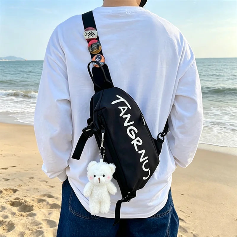 Crossbody Sling Chest Bag with Badge & Bear Pendant – Unisex