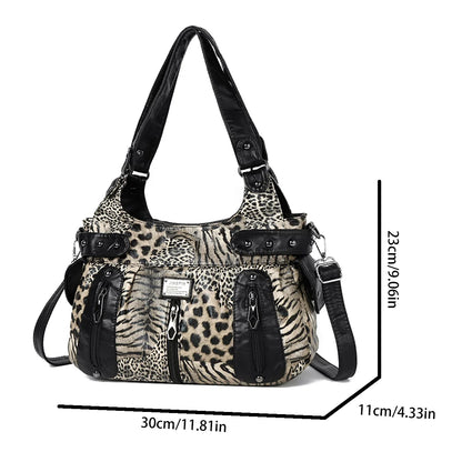 Retro Y2k Women Handbag Leopard Patchwork Pu Shoulder Bag Metal Multi Pocket Large Capacity