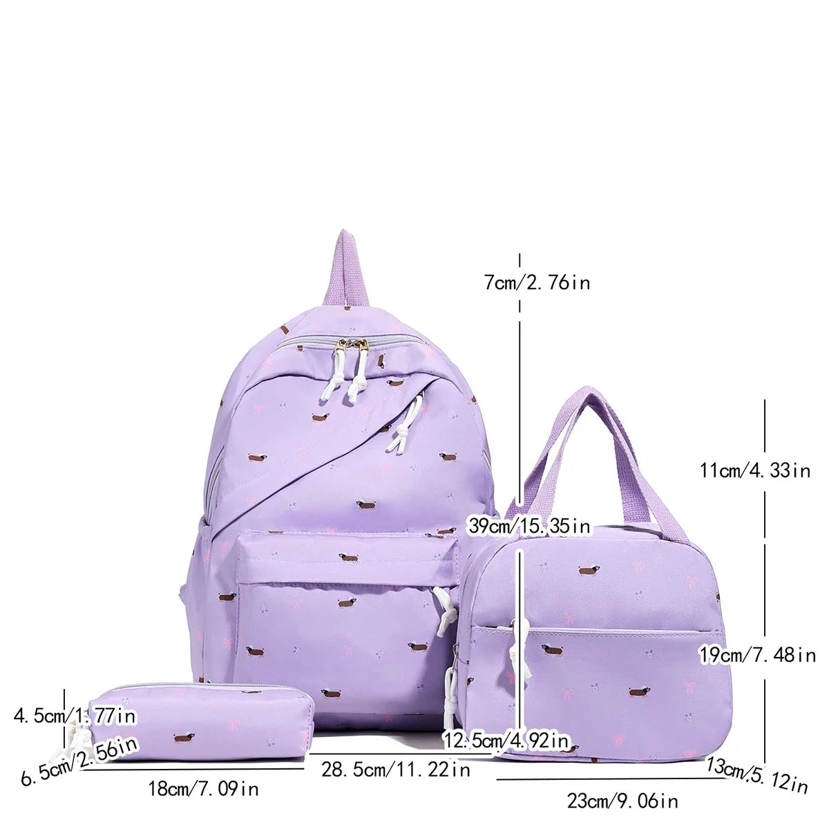 Chic Puppy Print Backpack Set 3pcs Handbag Pen Pouch Stitching Detail Multi Pocket Adjustable Straps