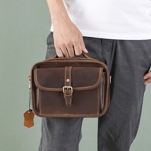 Genuine Leather Men S Crossbody Top Layer Cowhide Messenger Bag Square Retro Hand-Held