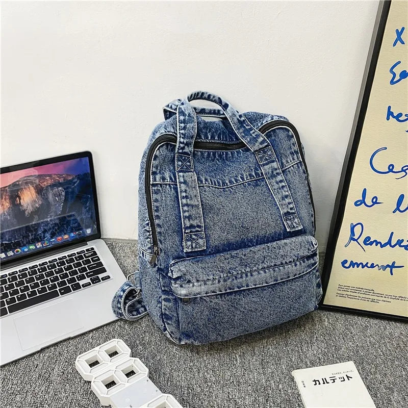 Retro Travel School Bag Students Daily Commute Vintage Washed Denim Backpack