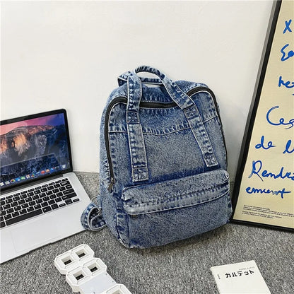 Retro Travel School Bag Students Daily Commute Vintage Washed Denim Backpack