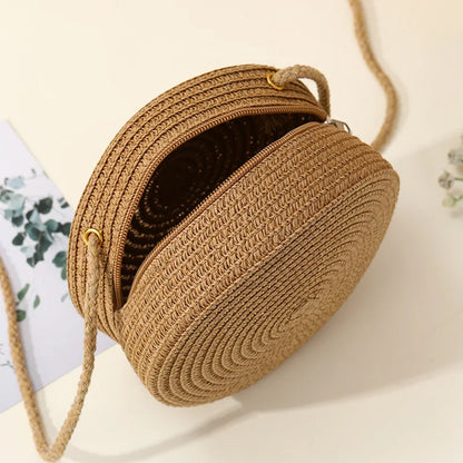 Round Woven Straw Crossbody Bag for Women – Boho Chic