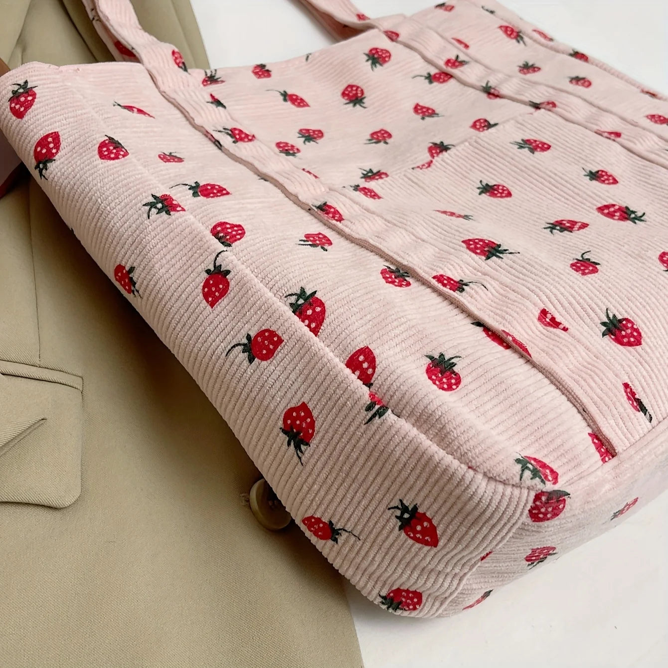 Chic Pink Strawberry Pattern Corduroy Tote Bag Women Work Shopping Handbag Shoulder