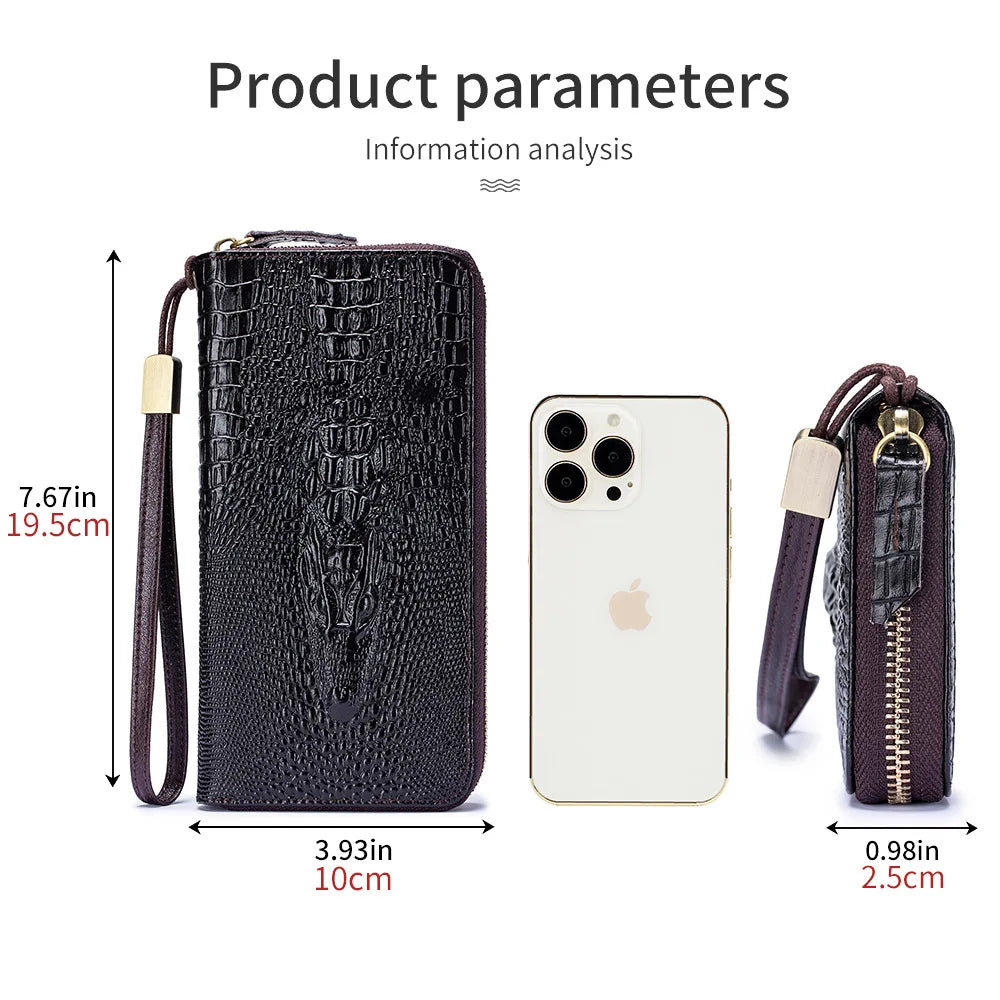 Real Leather Long Alligator Grain Head Layer Cofskin Zipper Purse Large Capacity Multi-Position