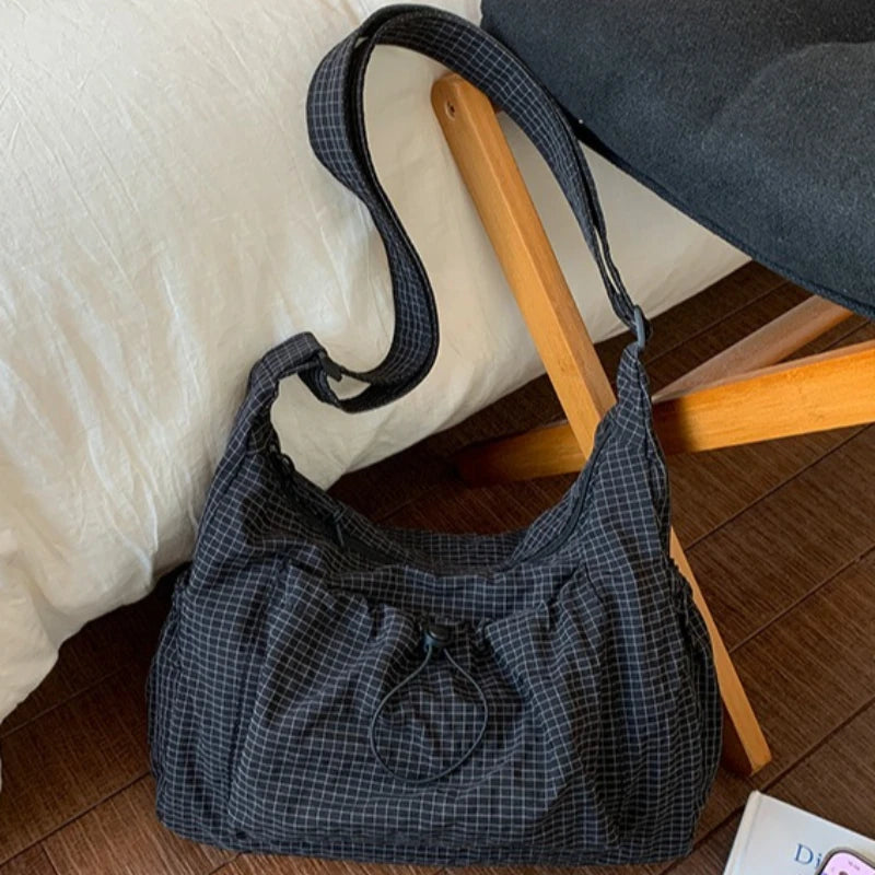 Plaid Drawstring Crossbody Bag – Large Capacity Shoulder Tote