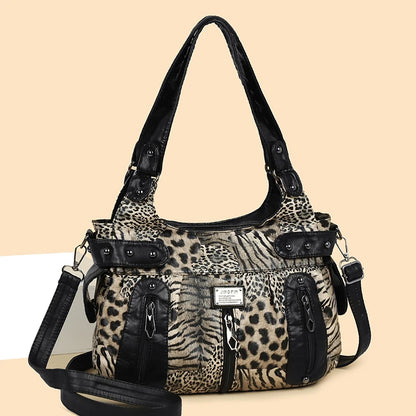 Retro Y2k Women Handbag Leopard Patchwork Pu Shoulder Bag Metal Multi Pocket Large Capacity