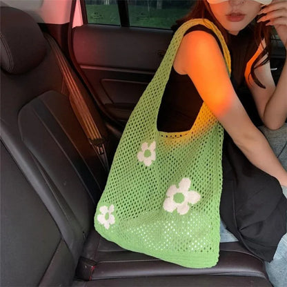 Crochet Flower Mesh Tote Bag - Summer Knitted Shoulder Handbag