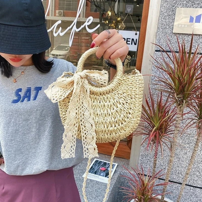 Straw Crossbody Bag with Lace Bow – Women's Summer Beach Purse