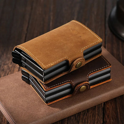 Double Aluminum Case Automatic Cartridge Card Clip Crazy Horse Leather Men Pop Bank Bag