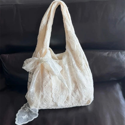 Lace Flower Tote Bag for Women – Soft Bow Accent Shoulder Purse