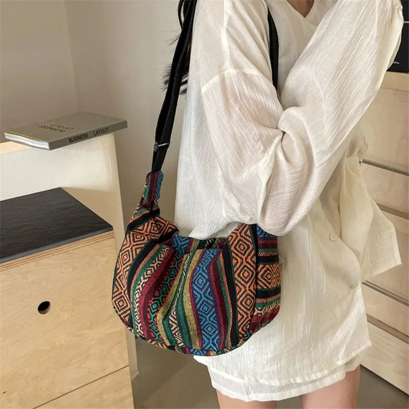 Boho Ethnic Canvas Crossbody Bag for Women – Casual Shoulder Purse