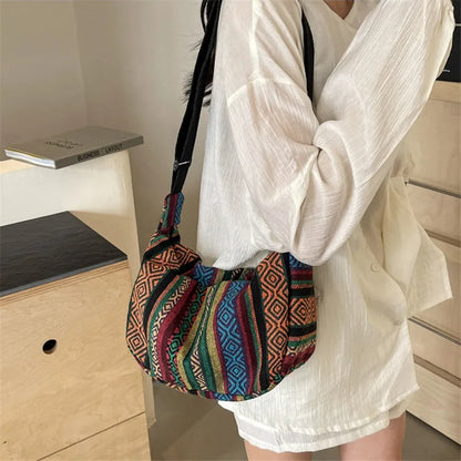 Boho Ethnic Canvas Crossbody Bag for Women – Casual Shoulder Purse