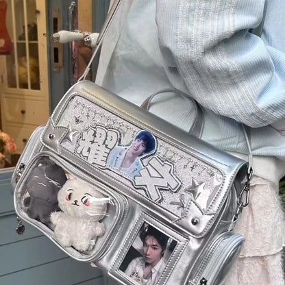 Y2k Cute Ita Bag Harajuku Large Capacity Japanese Solid Color Backpack Women Square Leather Anime