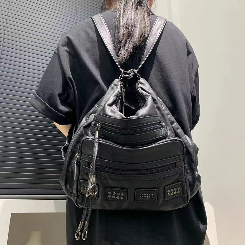Y2k Women S Bag Retro Rivet Tote Water Washed Soft Leather Large Capacity Commuter Single Shoulder