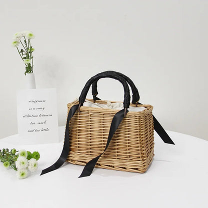 Handwoven Rattan Women Tote Bag Lace Ribbon Mini Wicker Basket Handbag Summer Beach