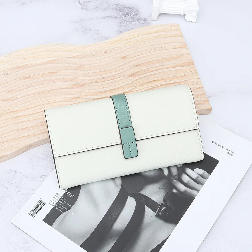 Color Contrast Long Purse Women Large Capacity Passport Position Mobile Phone Holding Bag Leather