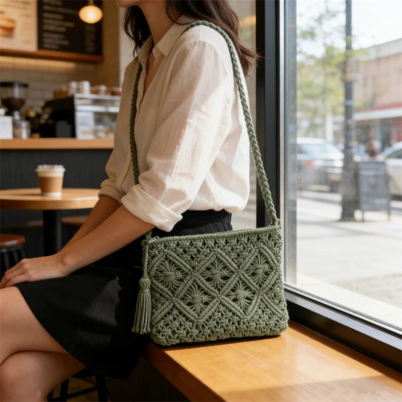 Crochet Woven Boho Shoulder Bag – Lightweight Crossbody