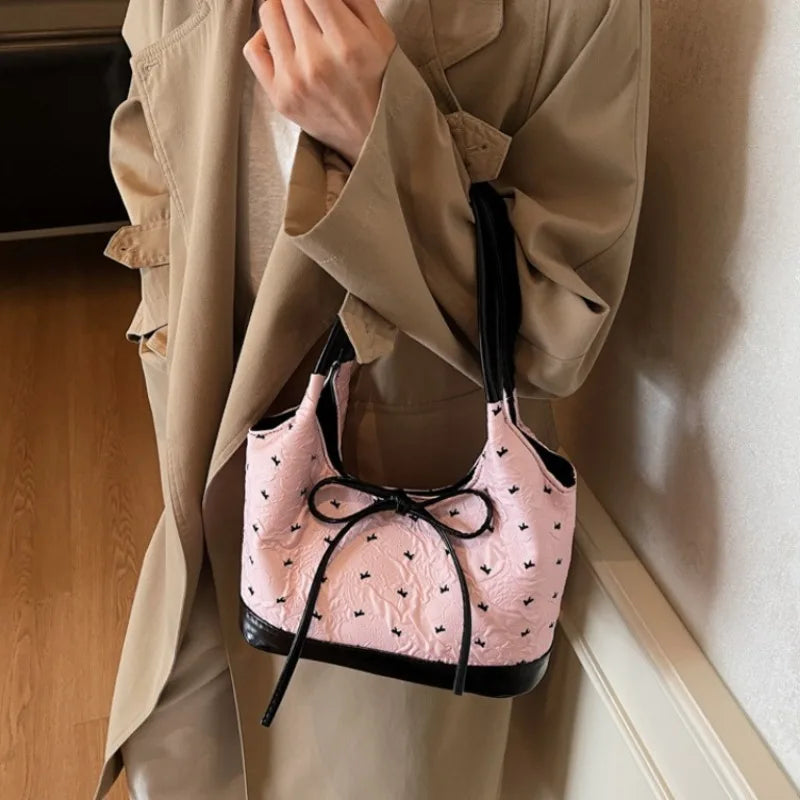 Cute Pink Bow Tote Bag Contrast Handbag Shoulder Large Capacity Soft Fabric Daily Shopping Casual