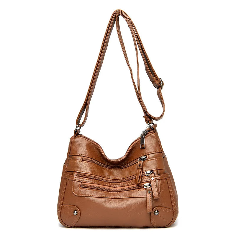Soft Vegan Leather Crossbody Bag with Multi-Zipper Pockets