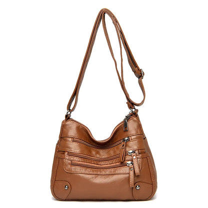 Soft Vegan Leather Crossbody Bag with Multi-Zipper Pockets