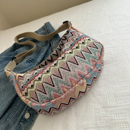 Wave Pattern Canvas Crossbody Bag – Large Shoulder Bag for Women