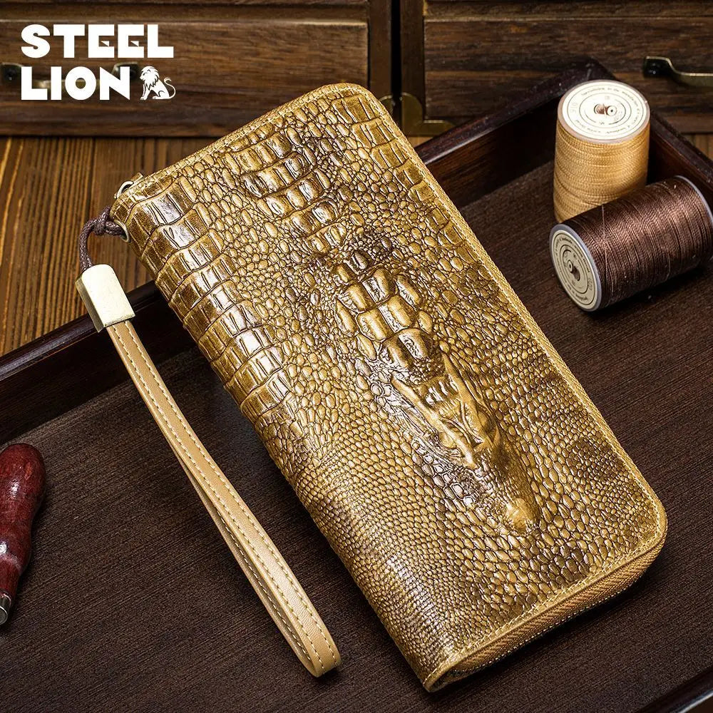 Real Leather Long Alligator Grain Head Layer Cofskin Zipper Purse Large Capacity Multi-Position
