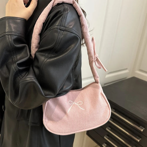 Corduroy Bow Shoulder Bag with Ruched Drawstring Handle