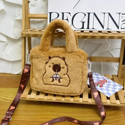 Capybara Plush Crossbody Bag – Cute Fluffy Animal Handbag for Women