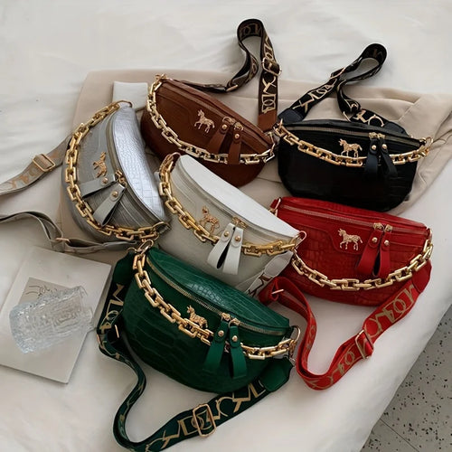 Crocodile Pattern PU Leather Crossbody Bag with Gold Chain Strap