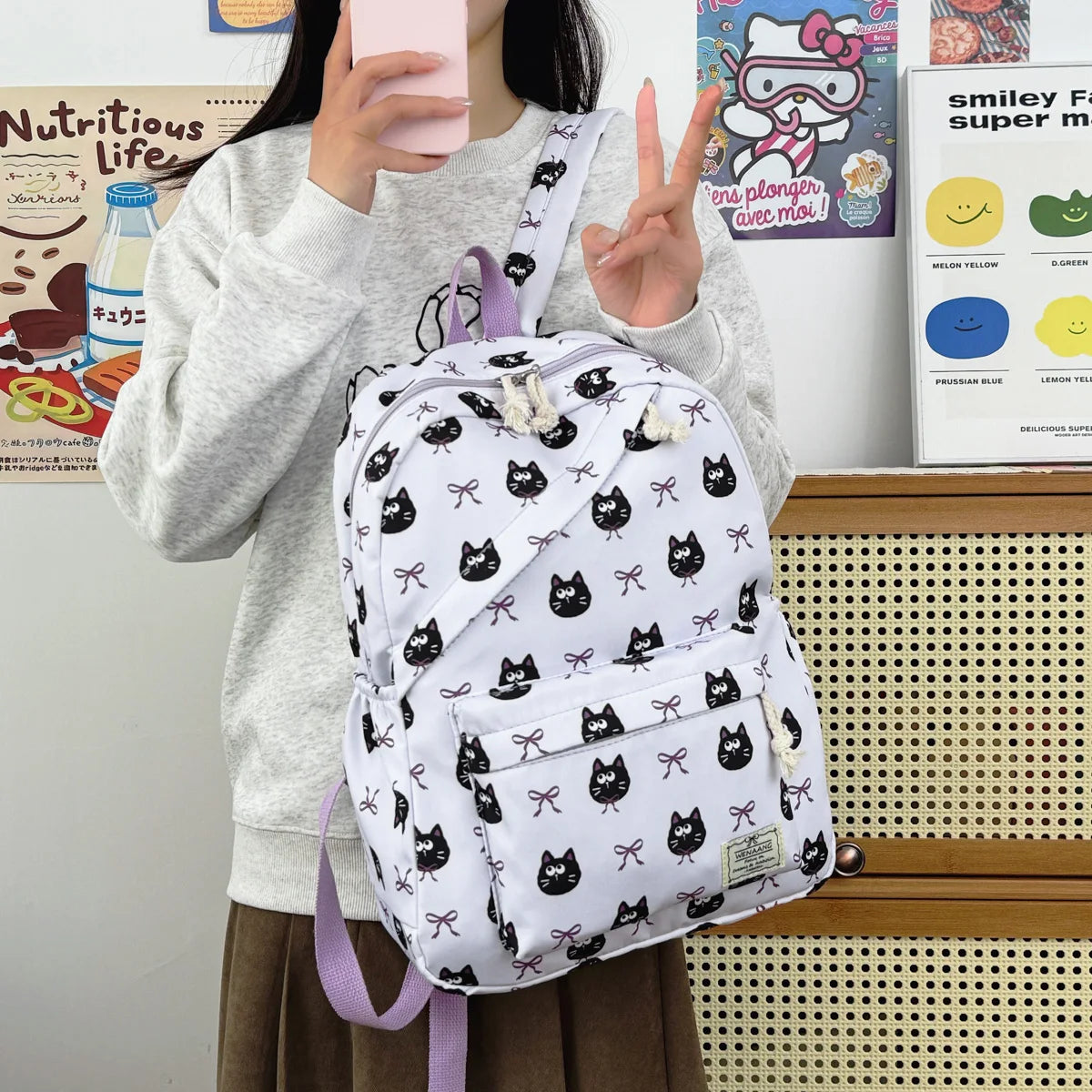 Fresh Age Reducing Cartoon Animal Bow Print Student Backpack Nylon Lightweight Large Capacity Casual