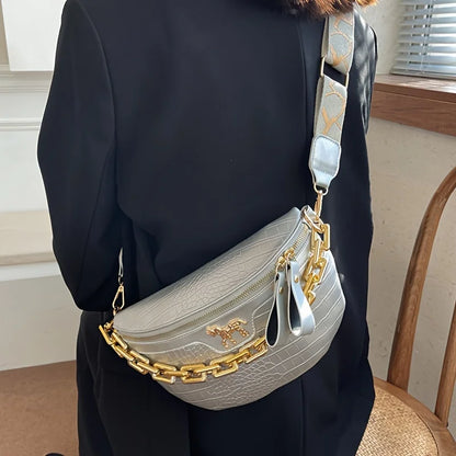 Crocodile Pattern PU Leather Crossbody Bag with Gold Chain Strap