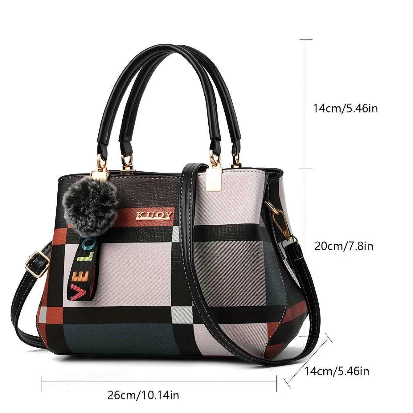 Plaid Small Tote Bag Ball Decoration Multi Layer Handbag Shoulder Crossbody Women Date Party Student