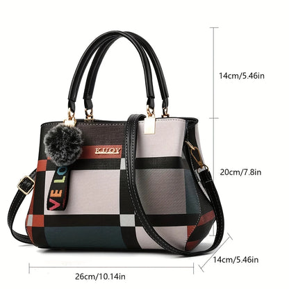 Plaid Small Tote Bag Ball Decoration Multi Layer Handbag Shoulder Crossbody Women Date Party Student
