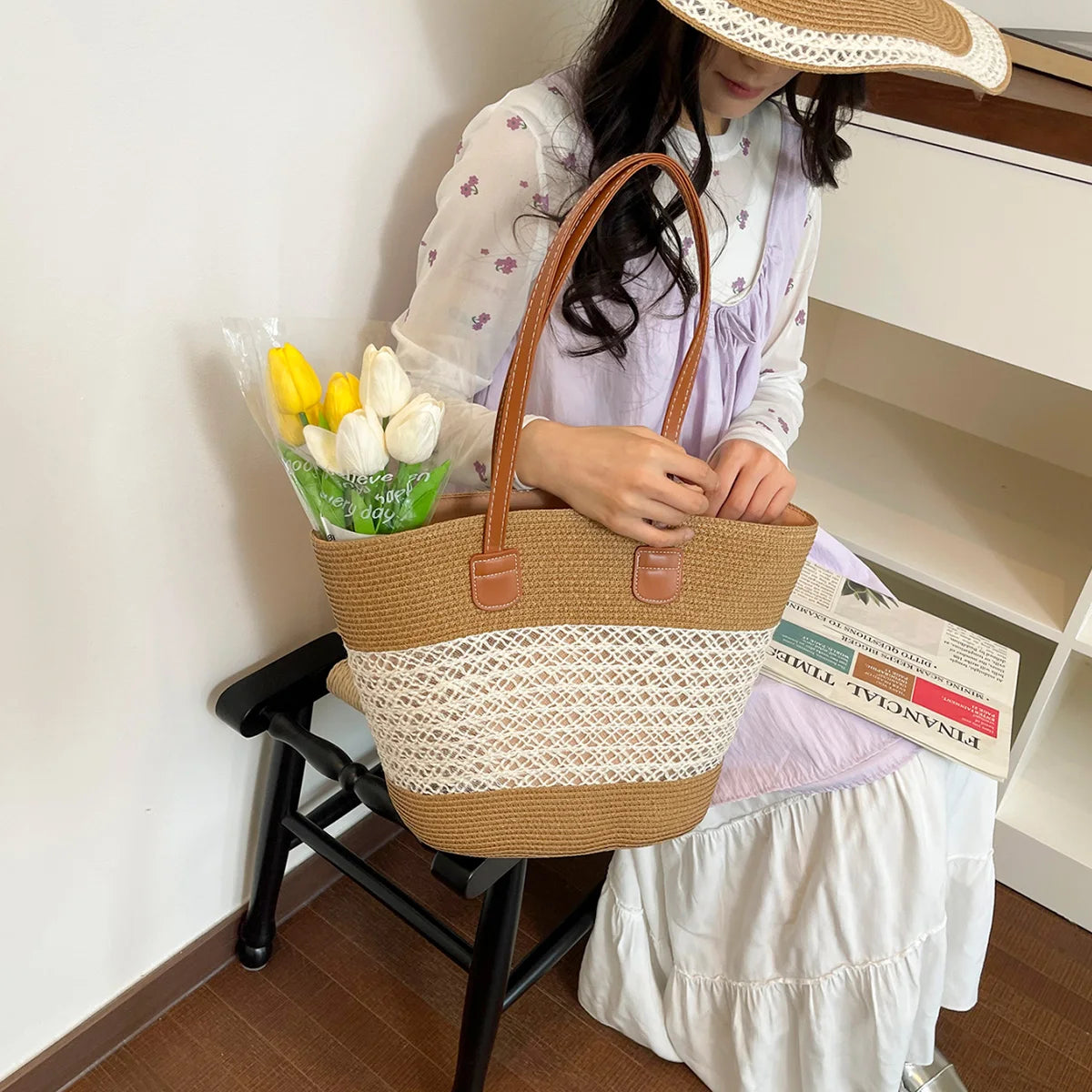 Vacation Fresh Women Shoulder Bag Stripe Woven Open Weave Tote Large Capacity Breathable Straw
