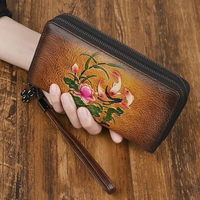 Vegetable-Tanned Genuine Leather Long Wallet Women
