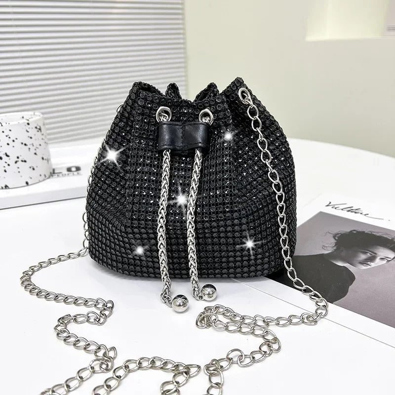 Rhinestone Drawstring Bucket Bag with Chain Strap