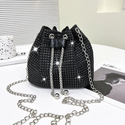 Rhinestone Drawstring Bucket Bag with Chain Strap