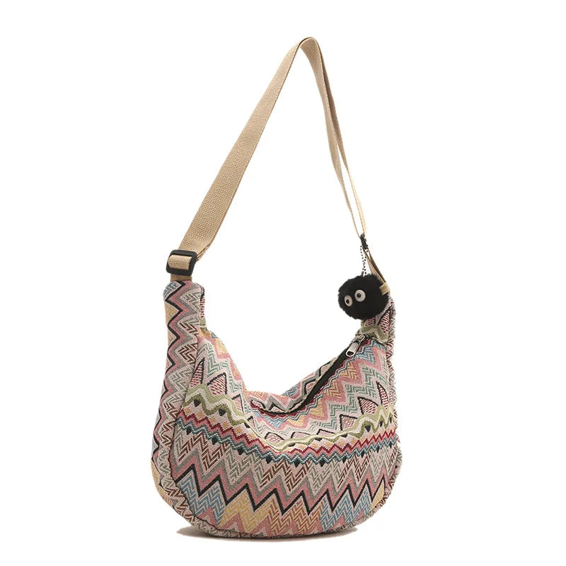 Wave Pattern Canvas Crossbody Bag – Large Shoulder Bag for Women