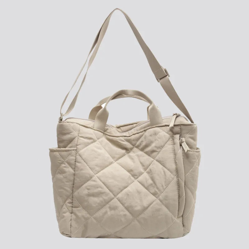 Quilted Nylon Tote Bag – Detachable Strap Multi-Pocket Shoulder Bag