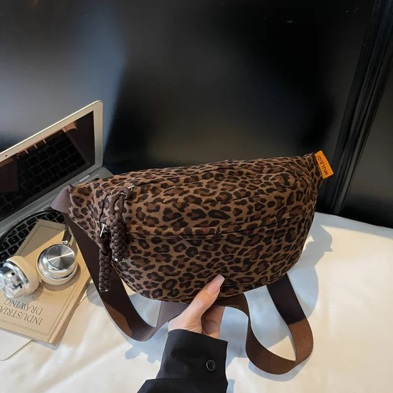 Women S Leopard Print Chest Bag Autumn Winter Crossbody Bag Trendy Sporty Multifunctional Waist Bag