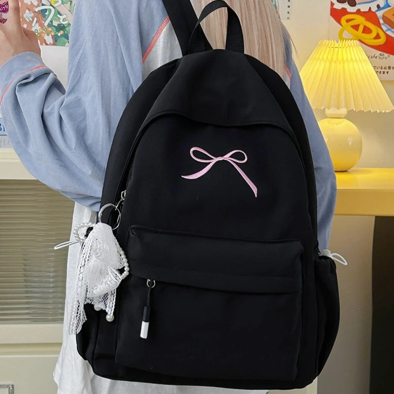 Portable Embroidered Bow Girls Backpack Solid Color Nylon Students Schoolbag Lightweight Large