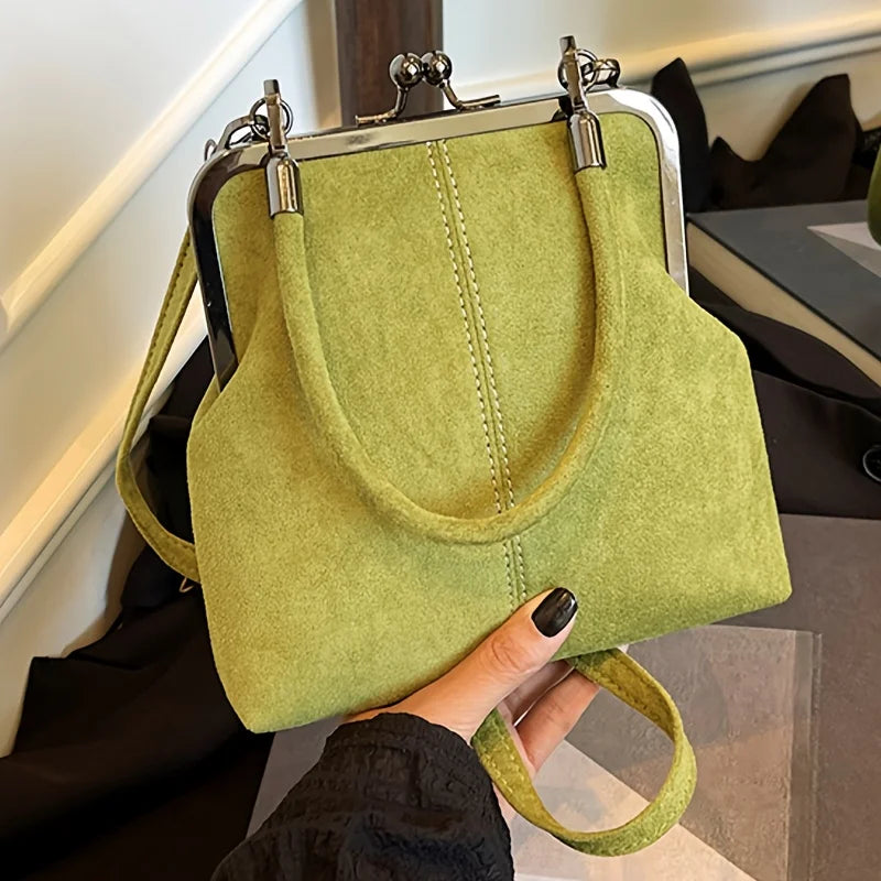 Vintage Suede Crossbody Bag with Kiss-Lock Closure