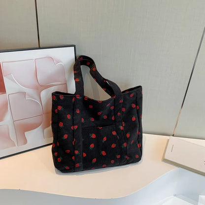 Strawberry Corduroy Tote Bag – Large Shoulder Bag for Women